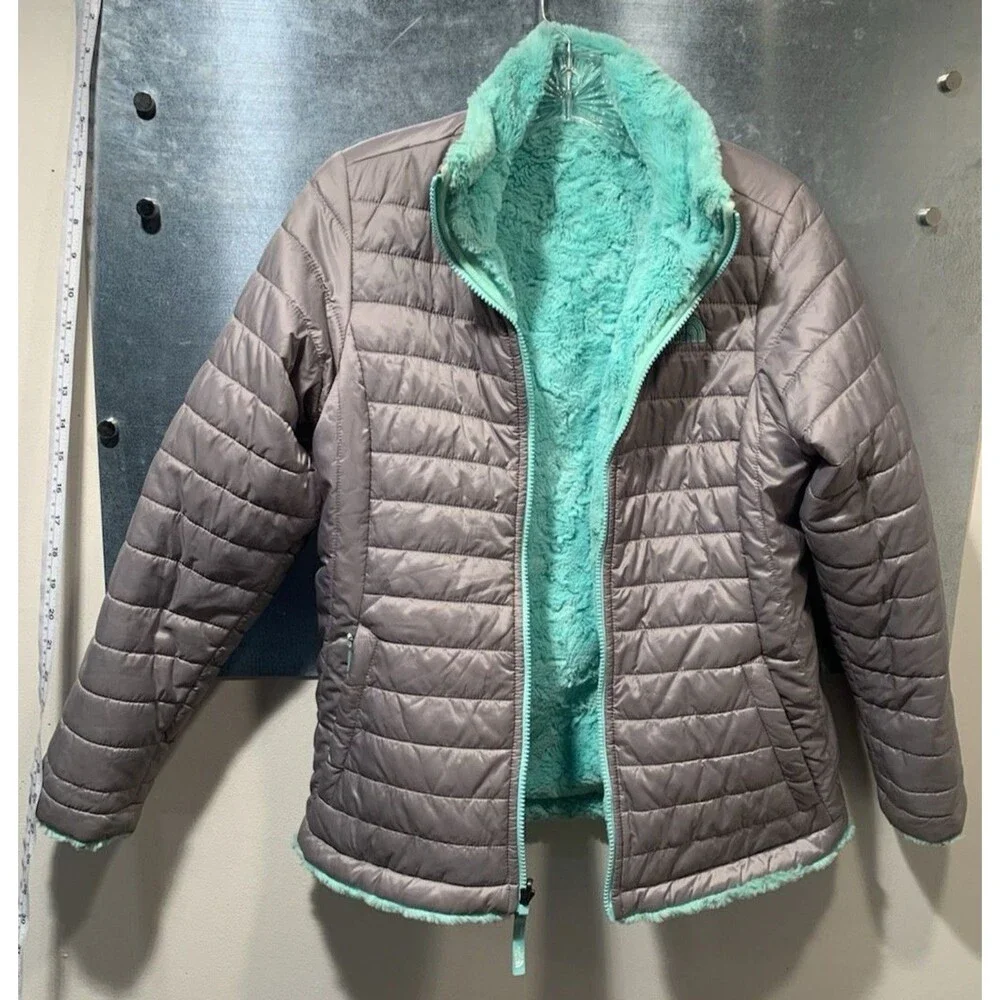 Reversible Jacket Sherpa/Puffer North Face Girls XL-18 Gray/Mint Mossbud Swirl
